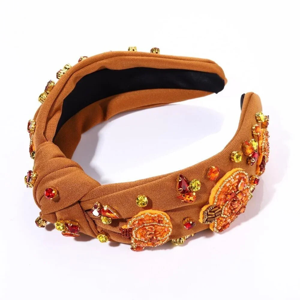 Thanksgiving Headband Beaded Pumpkin Knotted Wide Fall Hair Accessory